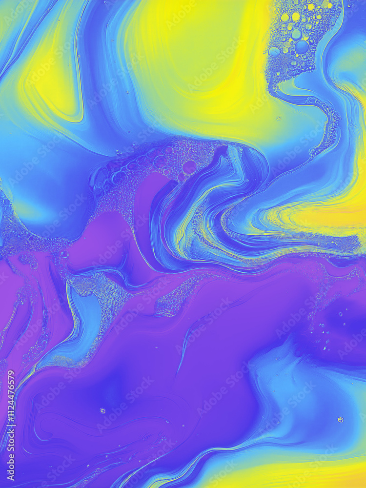 Poster A composition of undulating, flowing forms in neon shades of violet, blue and yellow. The interweaving of colors and gradient transitions creates depth and dynamism