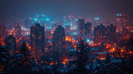 Obraz premium Night cityscape, winter, snow-covered trees, city lights, buildings, fog.