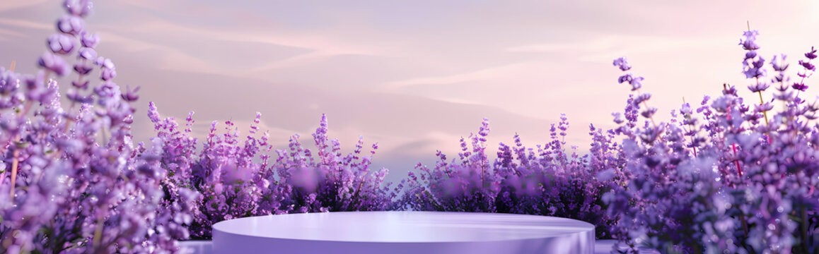 Lavender Dream: A serene and ethereal product display featuring a circular platform draped in soft white fabric, set amidst a boundless field of lavender blooms.