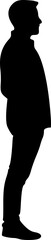 The male figure of a person stands. Black silhouette on a white background. Vector image.