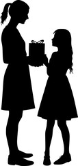 The woman gives a gift to the girl. Black silhouette on a white background. Vector image.