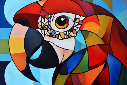Vibrant Abstract Parrot Art: Colorful Geometric Painting of a Macaw with Bold Hues and Unique Design for Modern Decor and Wildlife Enthusiasts