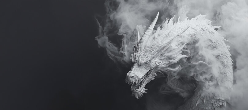 white dragon , shrouded in mist and surrounded by fog, looking at the camera from above. The background is dark gray, creating an atmosphere of mystery and horror. Highlighting details such as scales 