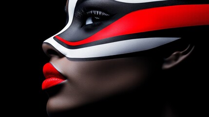 Obraz premium Woman with red lips and black and white stripes painted on her face. The image has a bold and striking look to it, with the woman's lips being the focal point