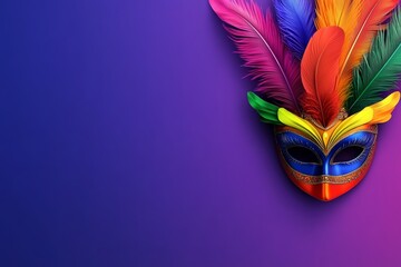 Colorful background with a mask and feathers. The mask is blue and the feathers are in various colors. The background is purple and orange