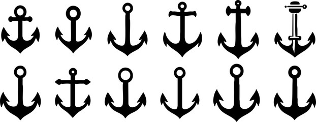 A collection of black anchor icons on a white background, ideal for nautical-themed designs, graphics, and branding.