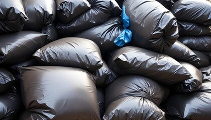 Fototapeta premium Piles of black trash bags, likely containing waste or discarded items, stacked on top of each other in a cluttered, disorganized manner