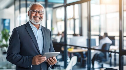 Confident senior executive in a tailored suit holding a tablet, standing in a modern office with a cityscape view through large windows. Commercial promotion, corporate website, high-end recruitment