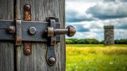 Weathered Wooden Door Latch in Picturesque Rural Landscape