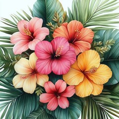 Tropical Hibiscus Flower Arrangement with Leaves Watercolor Art