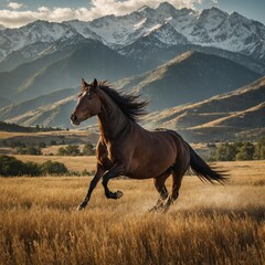 A proud stallion galloping through a golden field with mountains in the background.