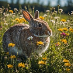 A shy rabbit peeking out from behind a cluster of wildflowers in a sunny meadow.