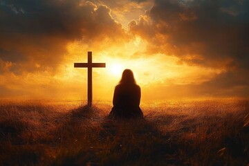 Silhouette of a woman kneeling in a golden field praying beside a cross at sunset