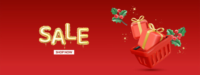 Naklejka premium Christmas sale banner with red shopping basket