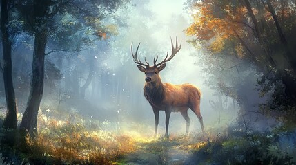 Red stag in the misty countryside. natural forest, natural and mystical aura.