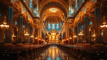 Obraz premium Ornate church interior with golden details, stained glass, and rows of pews.