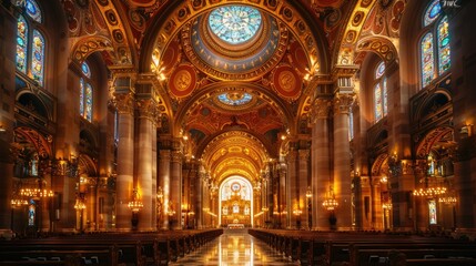 Ornate church interior with gold detailing, stained glass, and rows of pews.