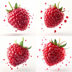 Set of raspberries, 3D Illustration of raspberries on a white background, juicy raspberries, dew drops.