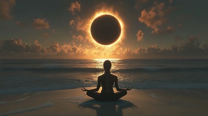 Meditation under solar eclipse at beach serenity nature sunset
