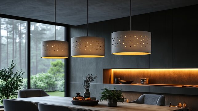 Three modern pendant lights with cut-out designs illuminate a contemporary dining room.