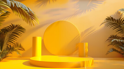 Golden Hour Oasis: Product display on a yellow podium with palm leaves and sunlight shadows. Perfect for summer product launches, beauty campaigns, or tropical-themed presentations. 