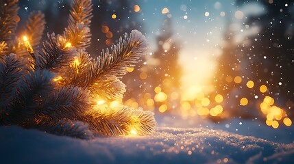 Fototapeta premium Winter wonderland festive pine branches glowing in snowy landscape