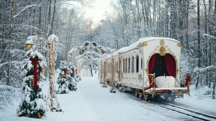 Naklejka premium Elegant white train in snowy winter forest, Christmas decorations.