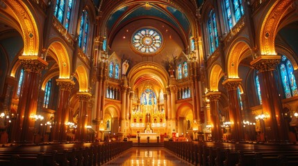 Ornate church interior with stained glass windows, altar, and pews.