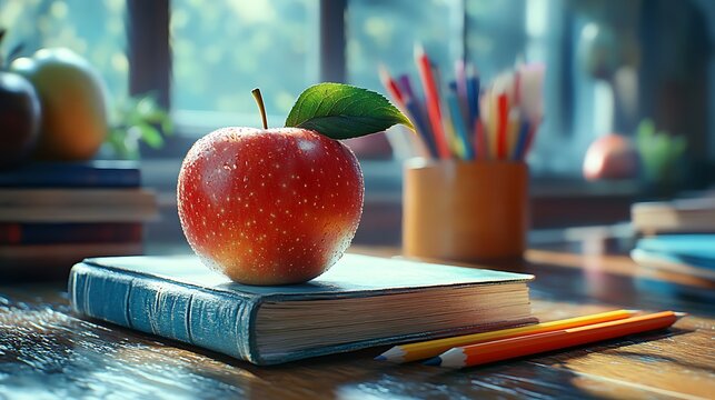 Studying with an apple on books in a cozy classroom setting