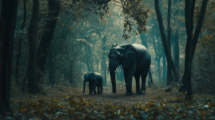 Fototapeta premium mother elephant and baby elephant at the middle of the forest, wildlife photography