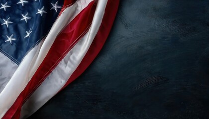 Close-Up of a Wrinkled American Flag with Stars and Stripes Draped Over a Textured Dark Background, Ideal for Patriotic Themes, USA Holidays Like Presidents’ Day, Independence Day, Veterans Day