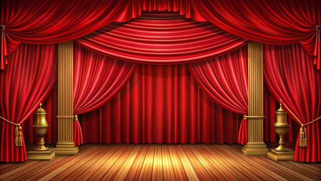 Theater stage, red velvet curtains, wooden floor, gold pillars, dramatic lighting, ornate decoration, classic proscenium arch