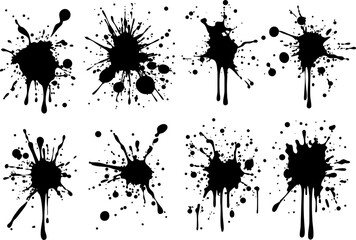 A collection of eight unique black ink splashes and stains, perfect for artistic designs and creative projects.