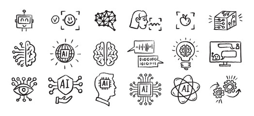 Artificial Intelligence Icons grunge chalk hand drawn doodle Brush set. Outline AI drawing crayon 