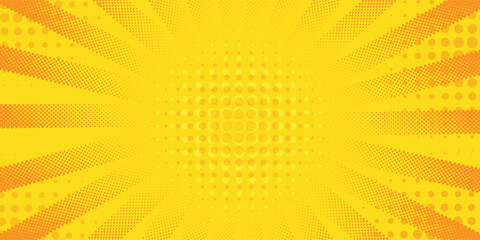 Pop art yellow comic book cartoon magazine cover. Cartoon cute retro Strip pattern mock up. Vector halftone illustration. Vintage background for comic superhero text, speech bubble, message. © Fahrus sinatria