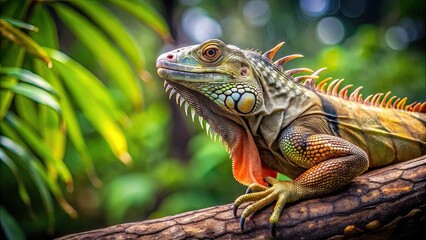 Fototapeta premium Iguana perched on a tree branch, iguana, reptile, nature, wildlife, tree, lizard, tropical, exotic, animal, green, scales, claw