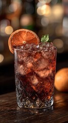 Refreshing cocktail served in a crystal glass garnished with a slice of orange and mint at a dimly lit bar