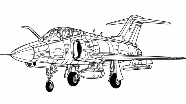 Adult military aircraft coloring page for book and drawing. Airplane. War-plane. Vector illustration. Vehicle. Graphic element. Plane. Black contour sketch illustrate Isolated on white background.