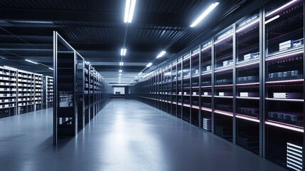 Obraz premium Modern data technology center server racks operate in a secure, dark facility. This concept encompasses the Internet of Things, big data protection, cryptocurrency farming, and cloud computing
