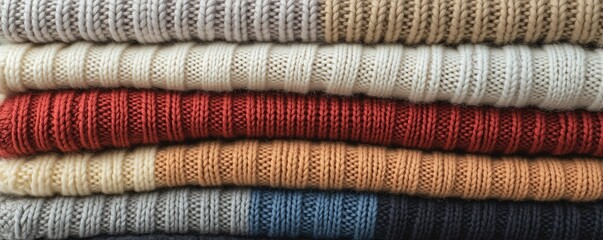 cozy stack of knitted sweaters in neutral colors, close-up view, showcasing texture and warmth, perfect for winter fashion, home decor, and holiday promotions.