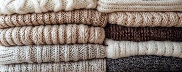 cozy stack of knitted sweaters in neutral colors, close-up view, showcasing texture and warmth, perfect for winter fashion, home decor, and holiday promotions.