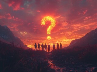 Business Team Facing Challenges of Reaching Success on Mountainous Landscape with Ominous Question Mark