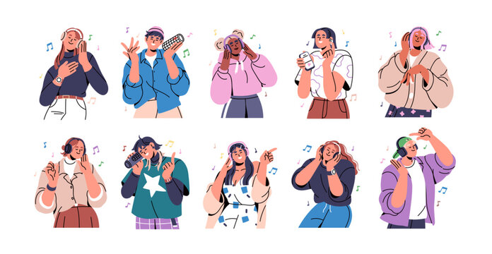 Happy people listening to music with headphones, earphones, speakers. Smiling characters in head phones, enjoying favorite tunes, singing songs. Flat vector illustration isolated on white background
