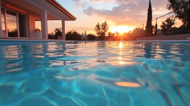 Underwater home pool surveillance system, glowing lens capturing rippling water