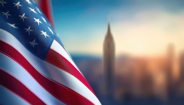 Vibrant USA Flag Waving in Morning Light with City Skyline in Background. Perfect for Patriotic Holidays, Memorial Day, Independence Day Celebrations, and American Pride Displays