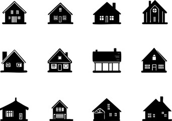 Fototapeta premium A collection of black silhouette icons representing various house designs, suitable for architectural, real estate, or design projects.