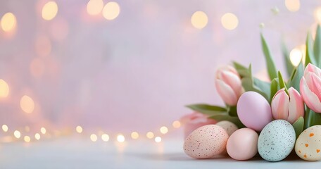 Front view, easter colorful eggs and flowers on a soft pink bokeh background. For design, banner, poster, menu, print, poster, etsy, postcard, linkedin, presentation. Copy space for text	