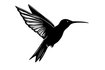 Obraz premium A black silhouette of a hummingbird in flight, showcasing its delicate wings and long beak, ideal for nature-themed designs.