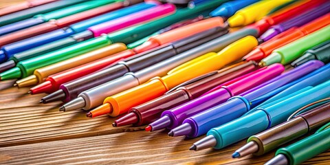 Close up of colorful pens scattered on a wooden desk, pens, desk, office supplies, writing tools, close up