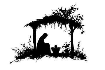 A silhouette of the nativity scene depicting Mary and Joseph with baby Jesus in a manger, surrounded by nature.
